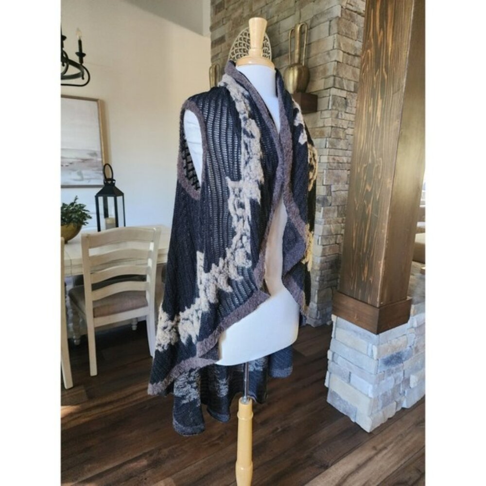 Fleur De Lis Knit Vest Cardigan Sleeveless‎ Open Front Black Floral Small Boho